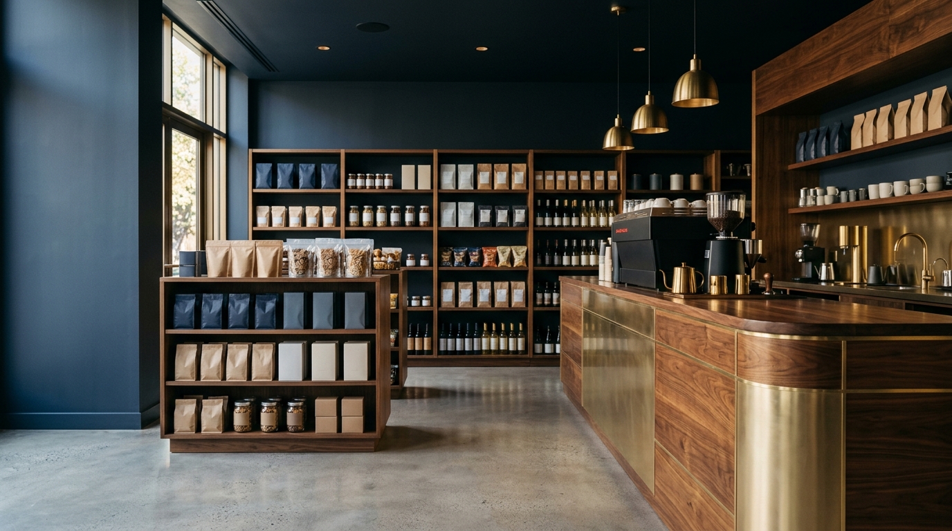 A warm on-site canteen retail and café space with neatly faced unbranded packages beside a wood-and-brass coffee counter