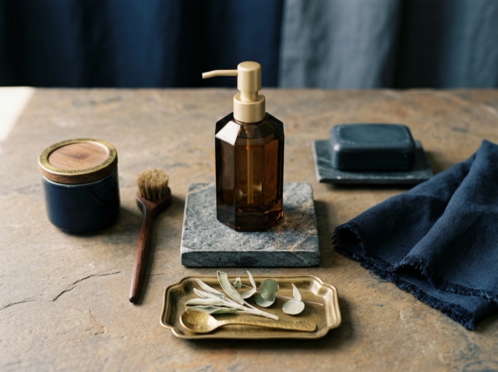 A worthy brand's products styled for an editorial feature on a clean studio surface